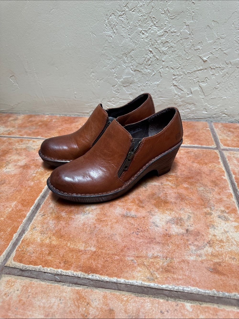 Born Brown Leather Side Zip Heeled Slip-Ons